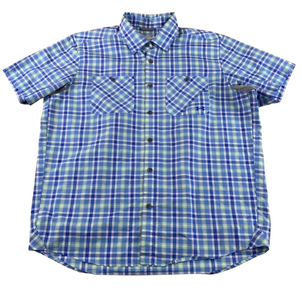 NWOT Mens Medium Lightweight Short Sleeve Green Blue Casual Button Up Golf